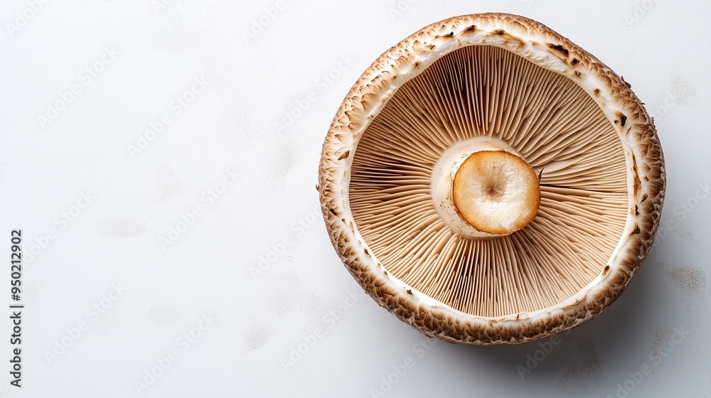 Close-up of a shiitake mushroom cap showcasing its textured, earthy surface on a simple white background with space for text Close-up of a shiitake mushroom cap showcasing its textured, earthy surface on a simple white background with space for text