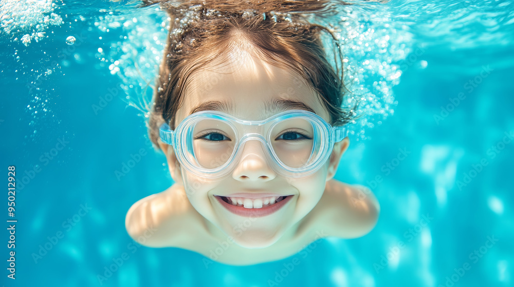 Naklejka premium Smiling child swimming underwater in clear blue pool