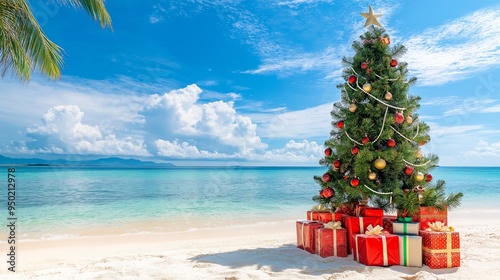 Tropical Christmas celebration with a decorated tree by the beach