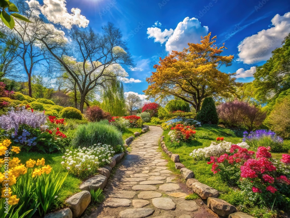 Obraz premium blooming flowers, lush greenery, and sunny blue sky surround a meandering stone path, inviting exploration on a warm March afternoon.