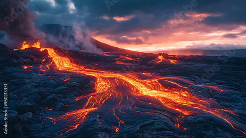 Lava flows dramatically illuminate landscape at dusk, showcasing raw power of nature. glowing lava contrasts beautifully with dark surroundings.