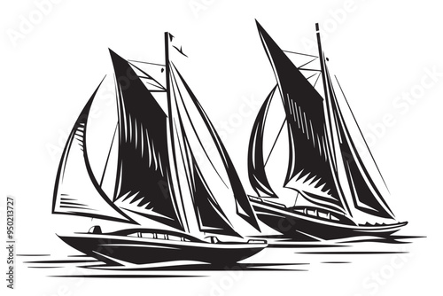 Vintage sailboats illustration in black and white engraving style with dynamic lines hand-drawn