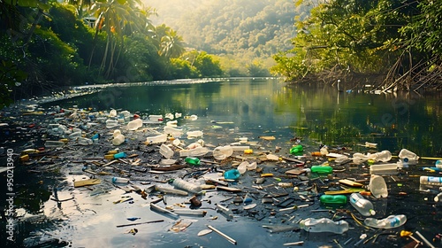 A polluted lake or river overwhelmed by plastic waste, highlighting the environmental disaster and the serious health risks from water contamination photo