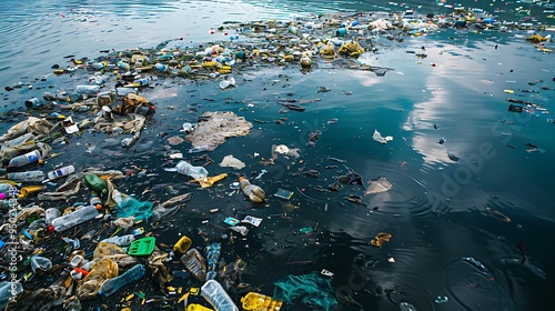 A polluted lake or river overwhelmed by plastic waste, highlighting the environmental disaster and the serious health risks from water contamination photo