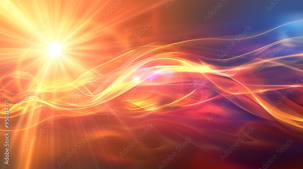 Obraz premium Sun flares and graceful wave patterns on an abstract background produce a lively and bright atmosphere with overlapping light effects.