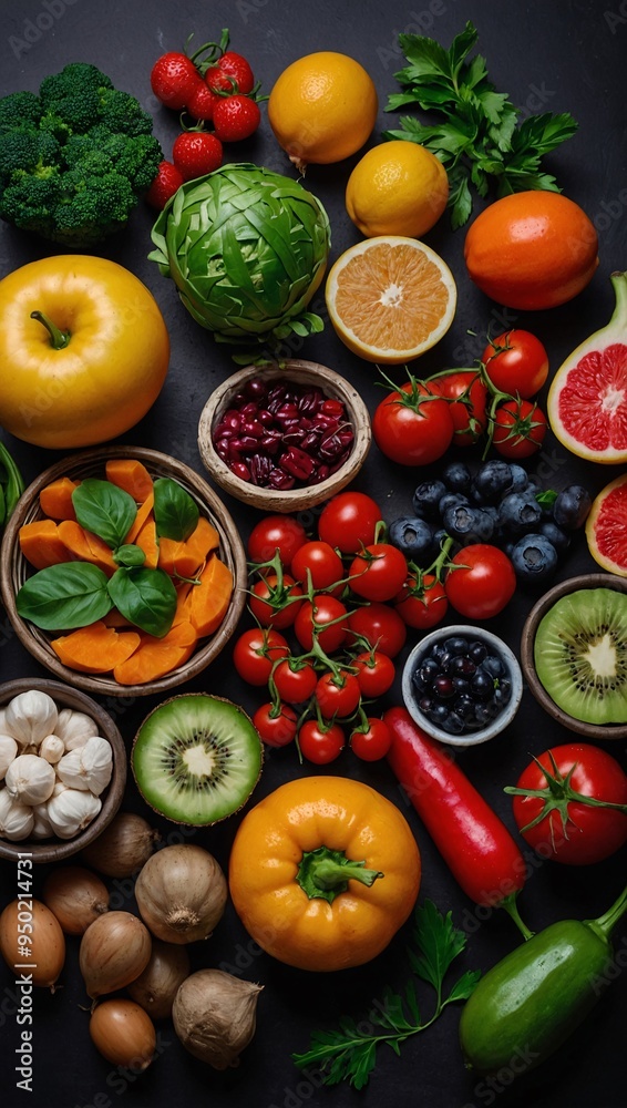 Colorful Healthy Foods Detailed and vibrant healthy foods on a black background. Colorful Healthy Foods Detailed and vibrant healthy foods on a black background.