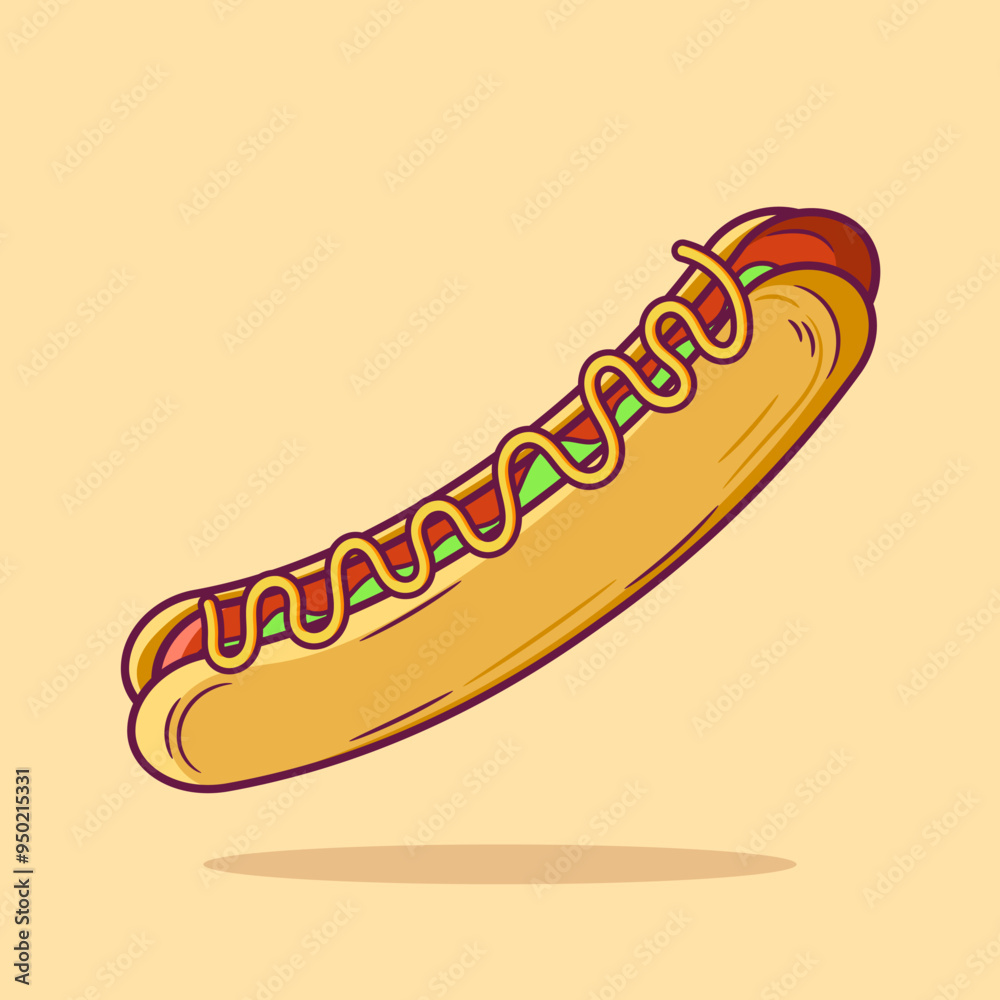 Illustration of a hotdog with mustard in cartoon style. Delicious fast food vector illustration Illustration of a hotdog with mustard in cartoon style. Delicious fast food vector illustration