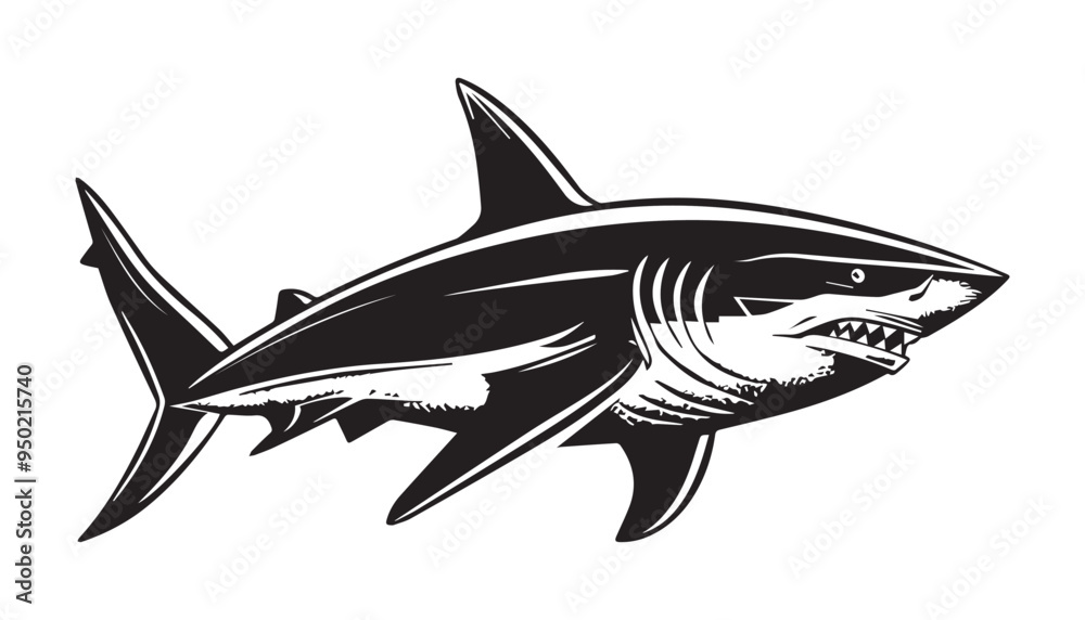 Hand-Drawn Shark Illustration in Black and White with Vintage Engraved Style Hand-Drawn Shark Illustration in Black and White with Vintage Engraved Style