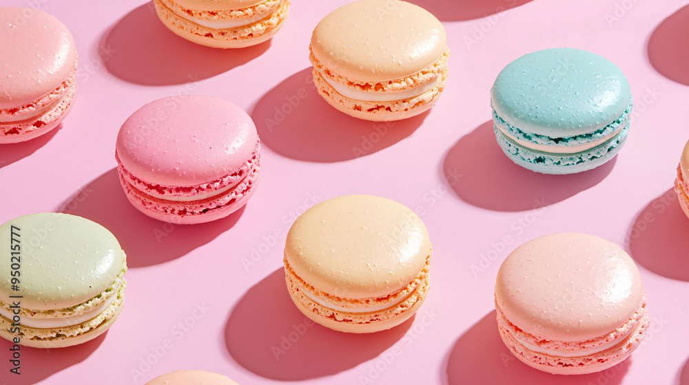 Delight in smooth pastel colored macarons arranged on bright pink background, creating cheerful and inviting atmosphere. Delight in smooth pastel colored macarons arranged on bright pink background, creating cheerful and inviting atmosphere.