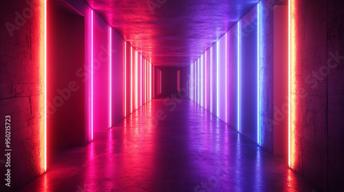 A vibrant hallway illuminated by glowing neon lights in pink and blue creates striking visual effect. contrasting colors enhance modern aesthetic of space.