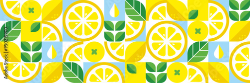 Lemons.Abstract geometric background.Organic food.Bauhaus minimalist design.Modern seamless pattern with citrus fruits, slices and leaves.Summer vector illustration.Set of icons in flat style.