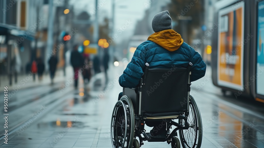 Obraz premium Disabled person in a wheelchair on tram stop on the urban city street needing help outdoors