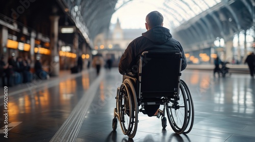 Disabled person in a wheelchair on tram stop on the urban city street needing help outdoors