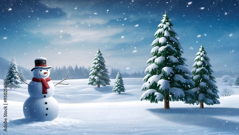 Obraz premium land view with snow trees and beautiful snowman, hd, with snowfall, santa class flying above the clouds
