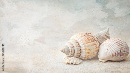 Subtle faded seashells on light sandy background create serene coastal atmosphere. delicate textures and soft colors evoke sense of tranquility and natural beauty.