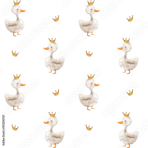 Vector watercolor seamless pattern with a cute goose wearing a crown