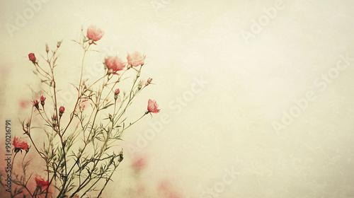 Delicate pink flowers gently sway against soft, faded background, creating serene and vintage atmosphere.