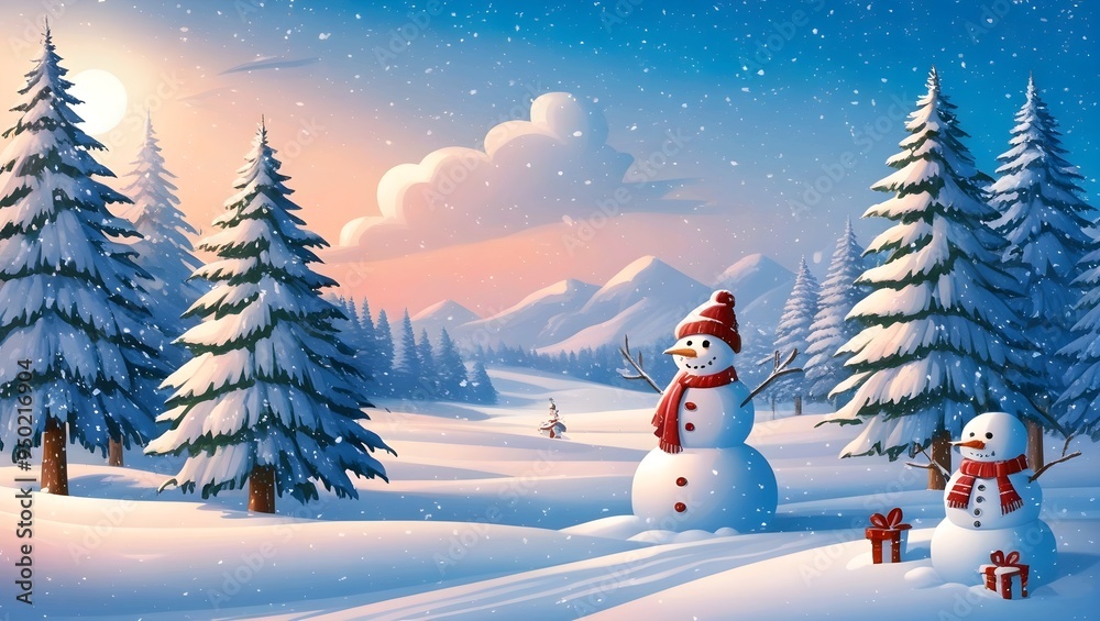 Obraz premium land view with snow trees and beautiful snowman, hd, with snowfall, santa class flying above the clouds