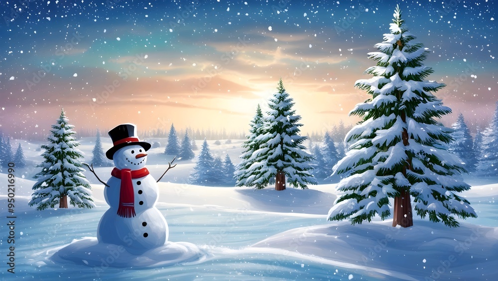 Fototapeta premium land view with snow trees and beautiful snowman, hd, with snowfall, santa class flying above the clouds