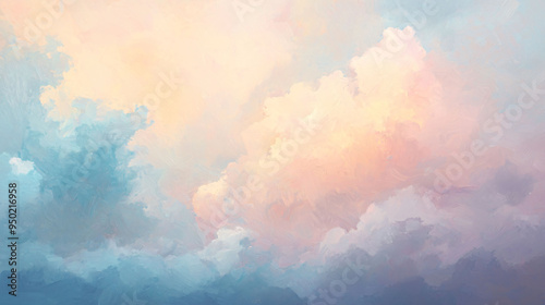 Soft pastel clouds float in light faded sky, creating serene and dreamy atmosphere.