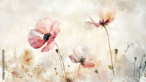 Delicate watercolor flowers on light background evoke serene and calming atmosphere.