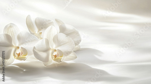 White orchid petals on clean, bright background create serene and elegant atmosphere.