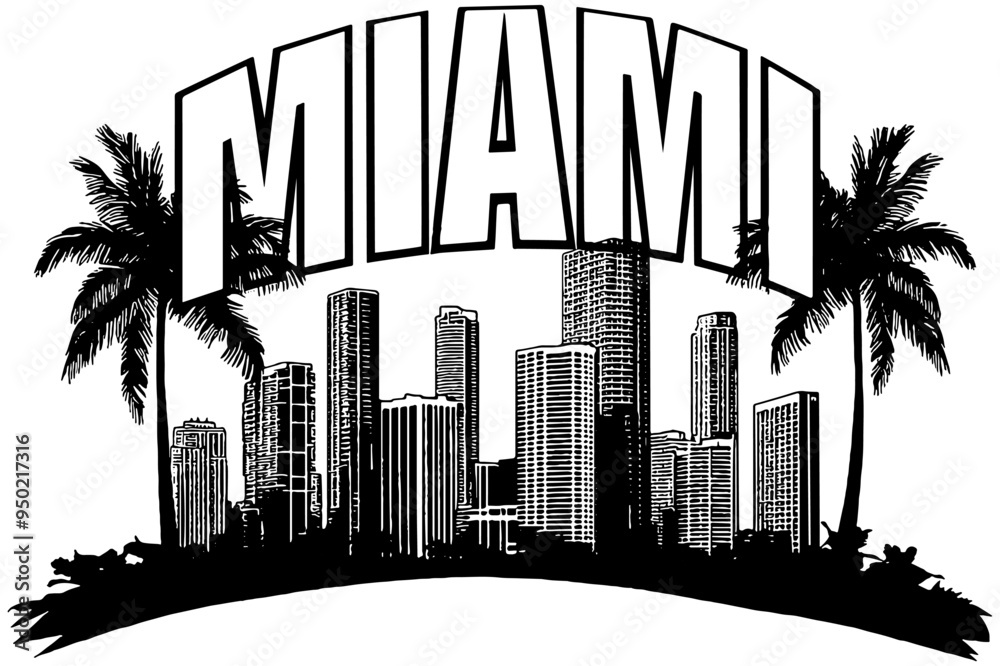 Fototapeta premium Miami, Florida skyline with palm trees and the word Miami
