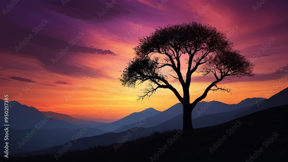 Silhouette of a Tree at Sunset Over Mountains Silhouette of a Tree at Sunset Over Mountains