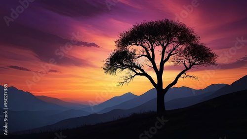 Silhouette of a Tree at Sunset Over Mountains