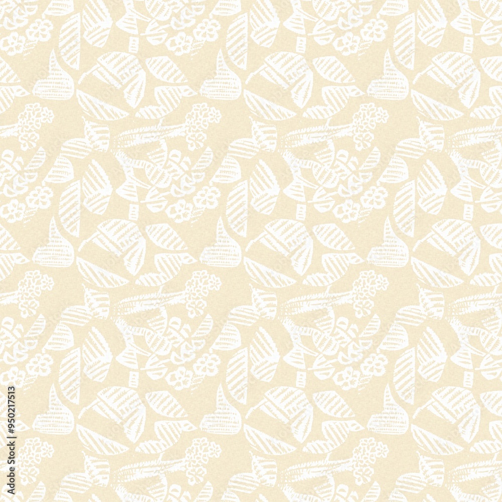 Obraz premium Modern white on cream lace effect wedding background texture. Soft tonal linen openwork block print with subtle hand drawn lattice damask printed fabric backdrop. 