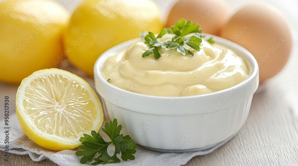 Traditional mayo sauce with eggs and lemon, farm-to-table, natural light, simple, authentic