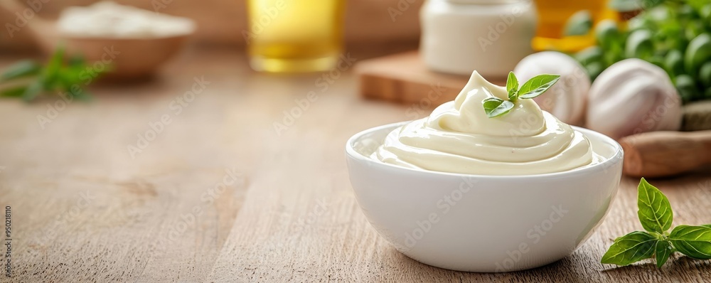Creamy mayonnaise in white bowl, fresh ingredients, rustic kitchen, homemade, wholesome Creamy mayonnaise in white bowl, fresh ingredients, rustic kitchen, homemade, wholesome