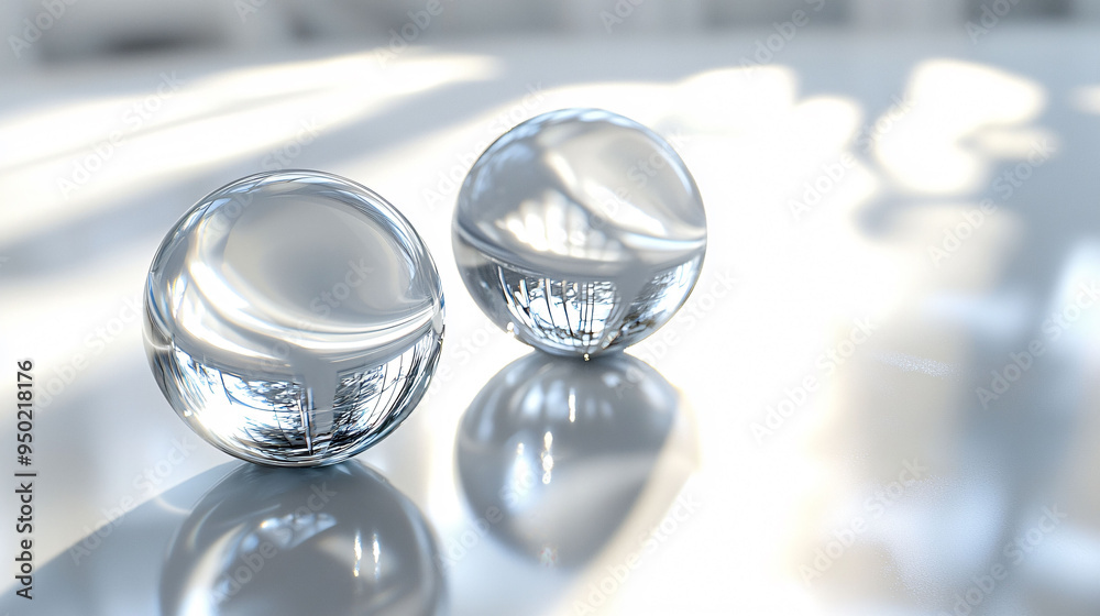 Smooth and glossy glass spheres resting on bright surface create serene atmosphere.