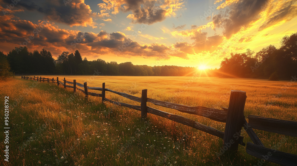Fototapeta premium Golden Hour Sunset Over Rustic Fence and Field