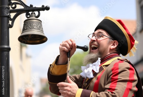 Town crier ringing bell with a boisterous jovial expression photo