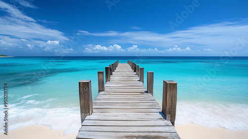 A wooden pier extending into turquoise waters under a clear blue sky