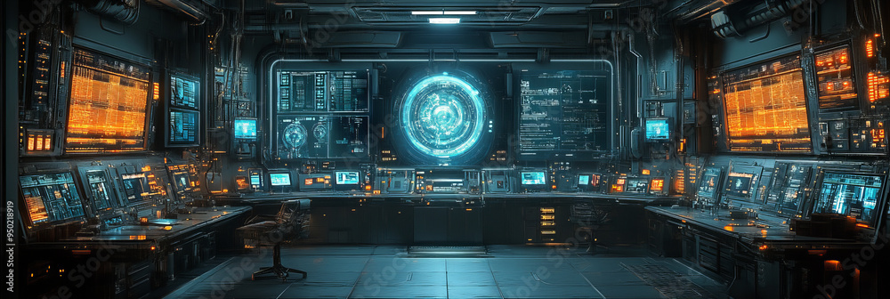 Fototapeta premium Advanced control room filled with high-tech monitors and holographic displays emitting blue and orange lights in a dark setting