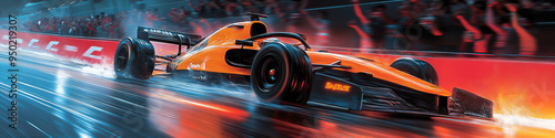 Formula one car racing at high speed in wet conditions on a lit track, vibrant orange and cool blue colors, creating an exciting and dynamic atmosphere