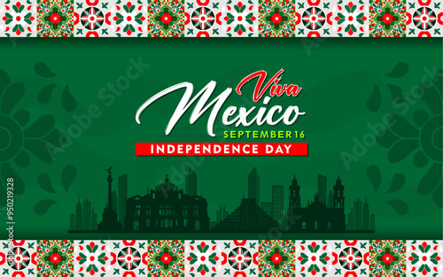Mexico Independence Day. 16th Sept Independence day of Mexico celebration banner with typical ornaments and famous landmarks. día de la independencia méxico background.