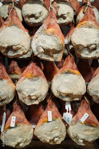 Whole legs of Morvan ham hanging to dry