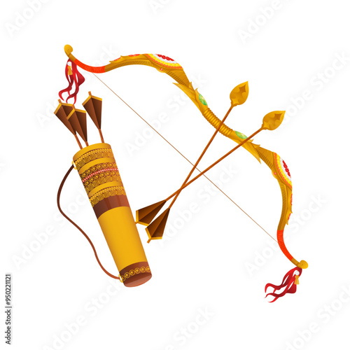 Vector illustration of golden decorated bow and arrow weapon on transparent background