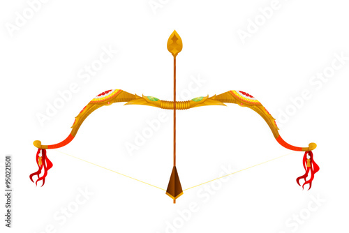 Vector illustration of golden decorated bow and arrow weapon on transparent background