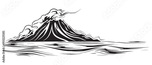 Hand-Drawn Vector Illustration of a Volcano in Black and White with Engraved Detailing