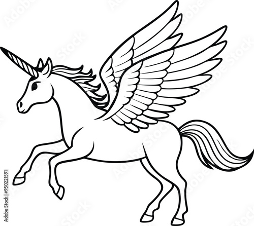 winged horse vector line art,  flying pegasus skatch , unicorn silhouette photo