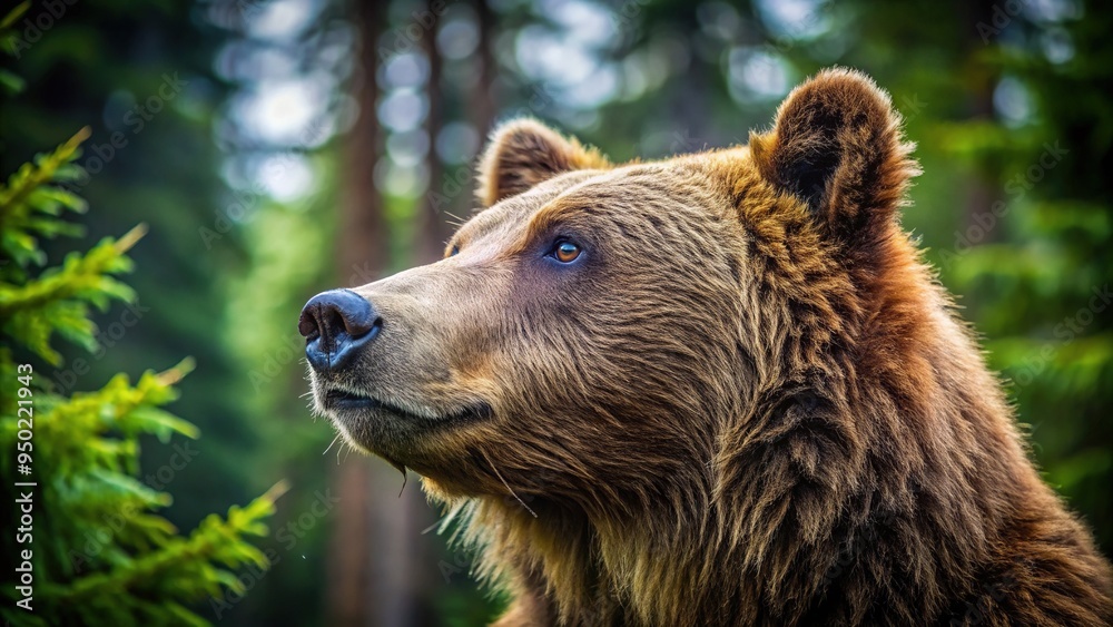 Close-up profile of a majestic brown bear's face, showcasing its rugged fur, powerful jaw, and soft, curious eyes in a tranquil forest setting. Close-up profile of a majestic brown bear's face, showcasing its rugged fur, powerful jaw, and soft, curious eyes in a tranquil forest setting.