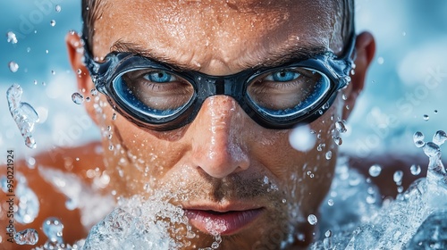 Close-up of a triathlete emerging from water, droplets on his face, wearing goggles, with a blurred shoreline in the background