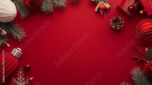 Festive Christmas decorations in red and green with pine branches, ornaments, and gifts arranged on a vibrant table for the holiday season