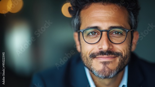 A man with glasses and curly hair, wearing a suit, gently smiles in this close-up portrait. The softly lit background is blurred, directing focus to his calm demeanor.