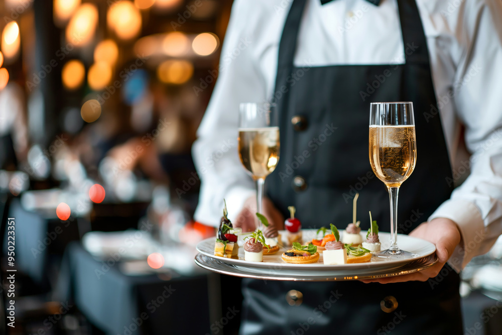 Obraz premium Waiter in a formal uniform carrying a tray with drinks and appetizers, serving guests at an elegant restaurant.