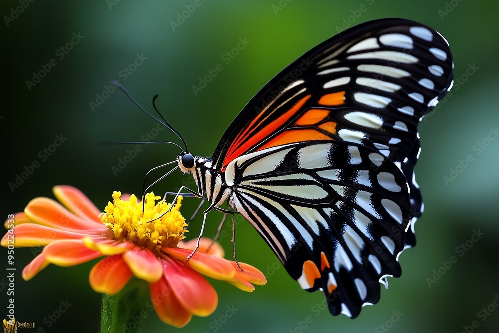 Obraz premium Butterfly delicately perched on a flower, captured in a macro photo where the vibrant colors of the wings contrast beautifully with the petals